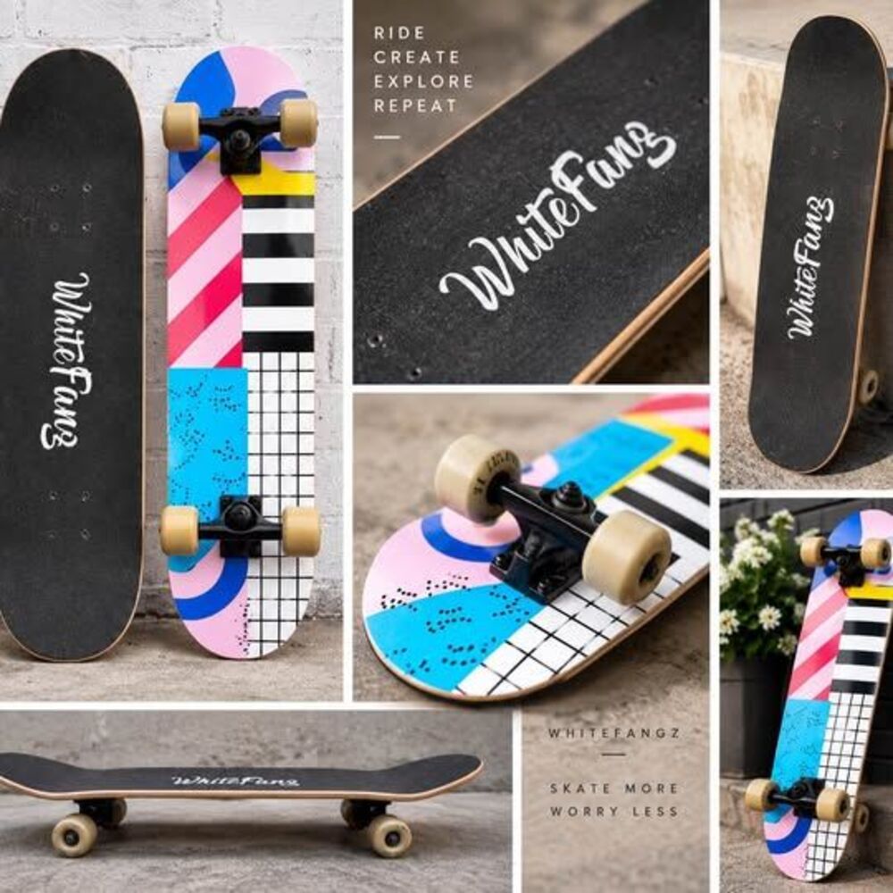 🛹 White Fangz Skateboard – Retro Colorful Graphic Deck – Complete
